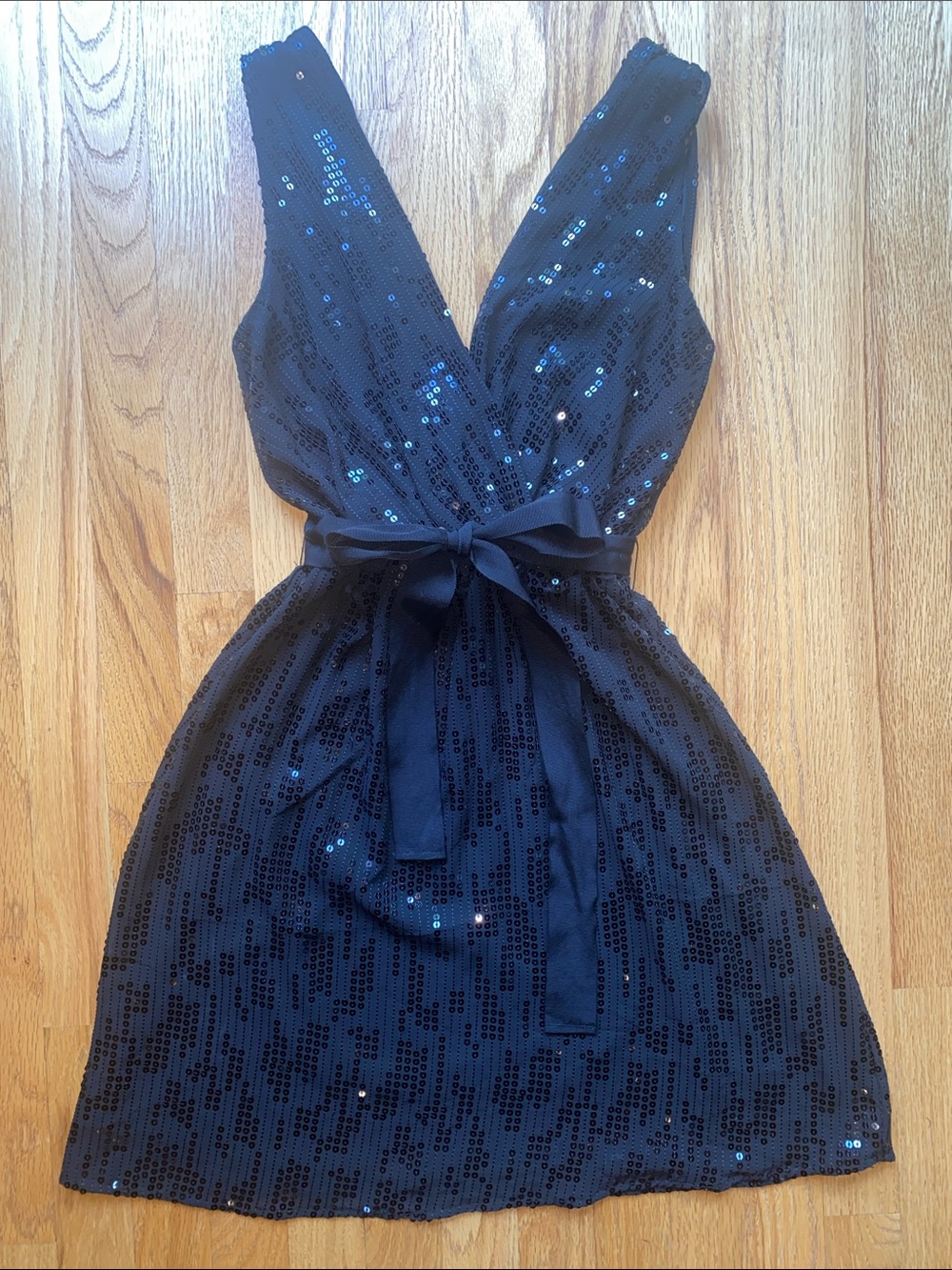 Express Black Sequin Deep V Mini Dress with Waist Tie